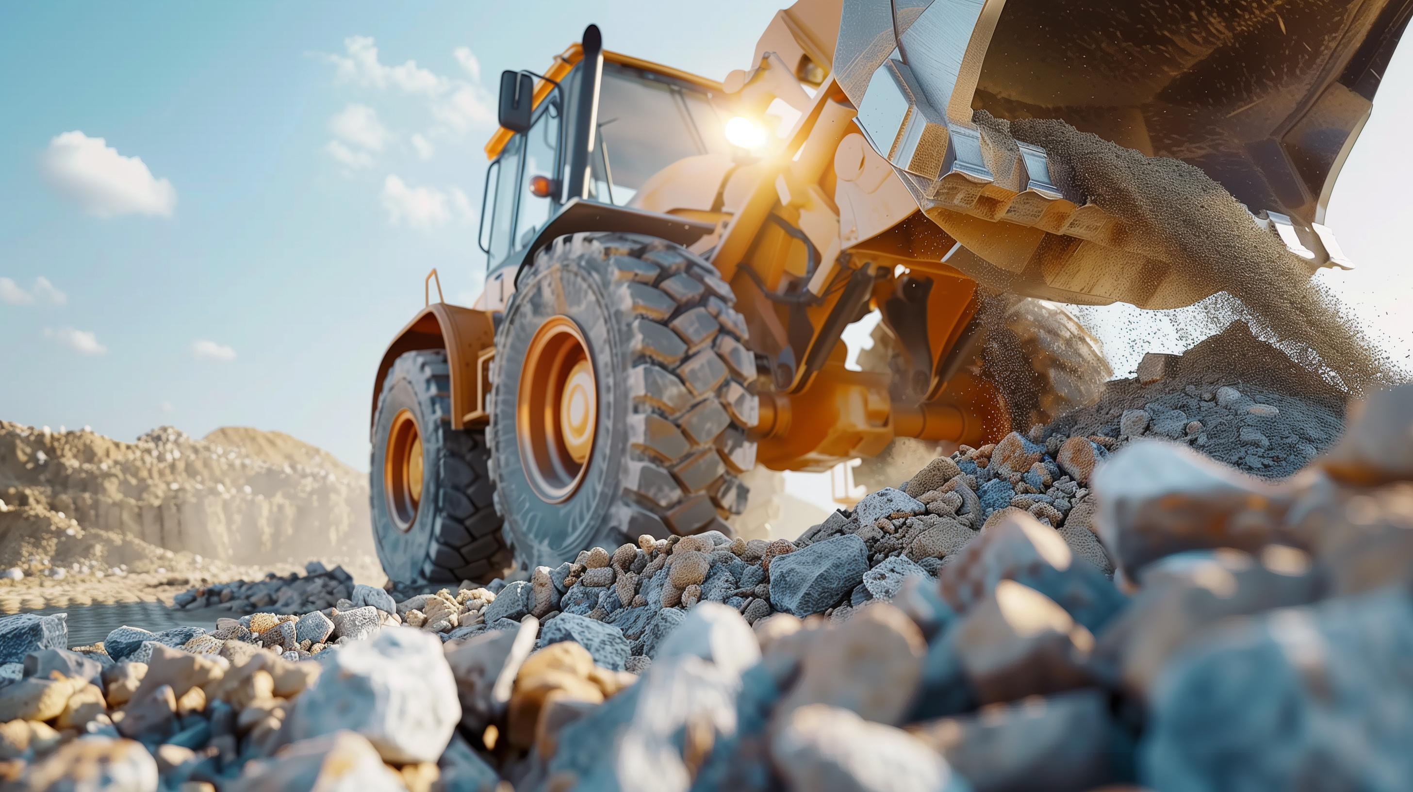 Wheel loader processing construction materials on a job site