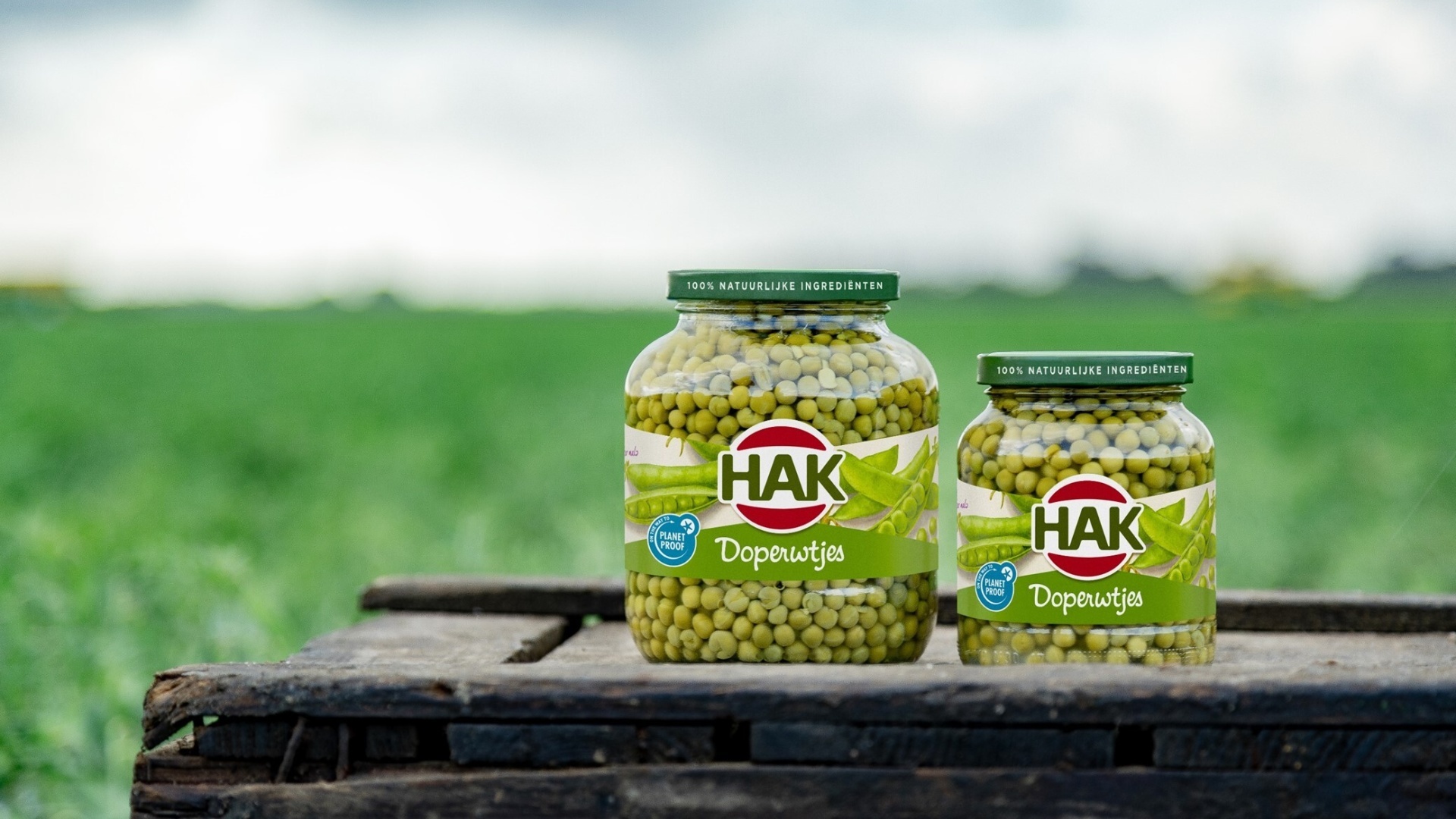 Potten HAK doperwtjes op een houten krat in een weiland